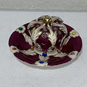 VTG Occupied Japan Ardalt Royal Crown Flower Frog Pin Holder With Plate Burgundy